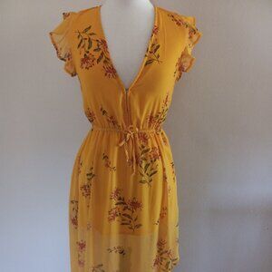 Floral Yellow Chiffon Midi Dress. XS